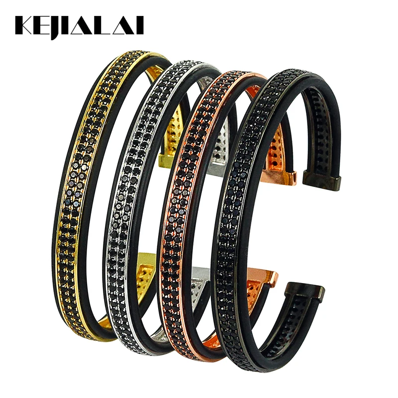 

Famous Brand Men Bangle Leather Bracelet Double Lines Black Zircon Open Cuff Adjustable for Women Fashion Jewelry High Quality