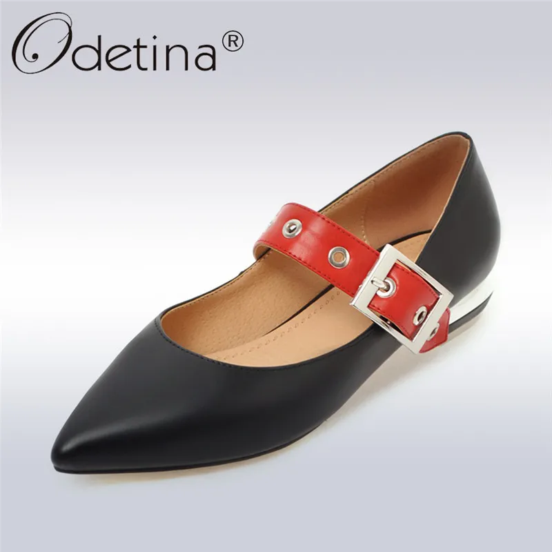 

Odetina New Fashion Buckle Strap Pumps For Women Square Low Heels Casual Shoes Ladies Pointed Toe Pump Shoes Big Size 46