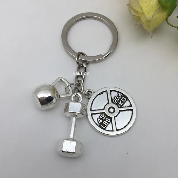 

WEIGHTLIFTING Key chain ,Dumbbell Charm, Kettlebell 45lbs Weight Plate ,Bodybuilding Fitness 3 Charm Keychain