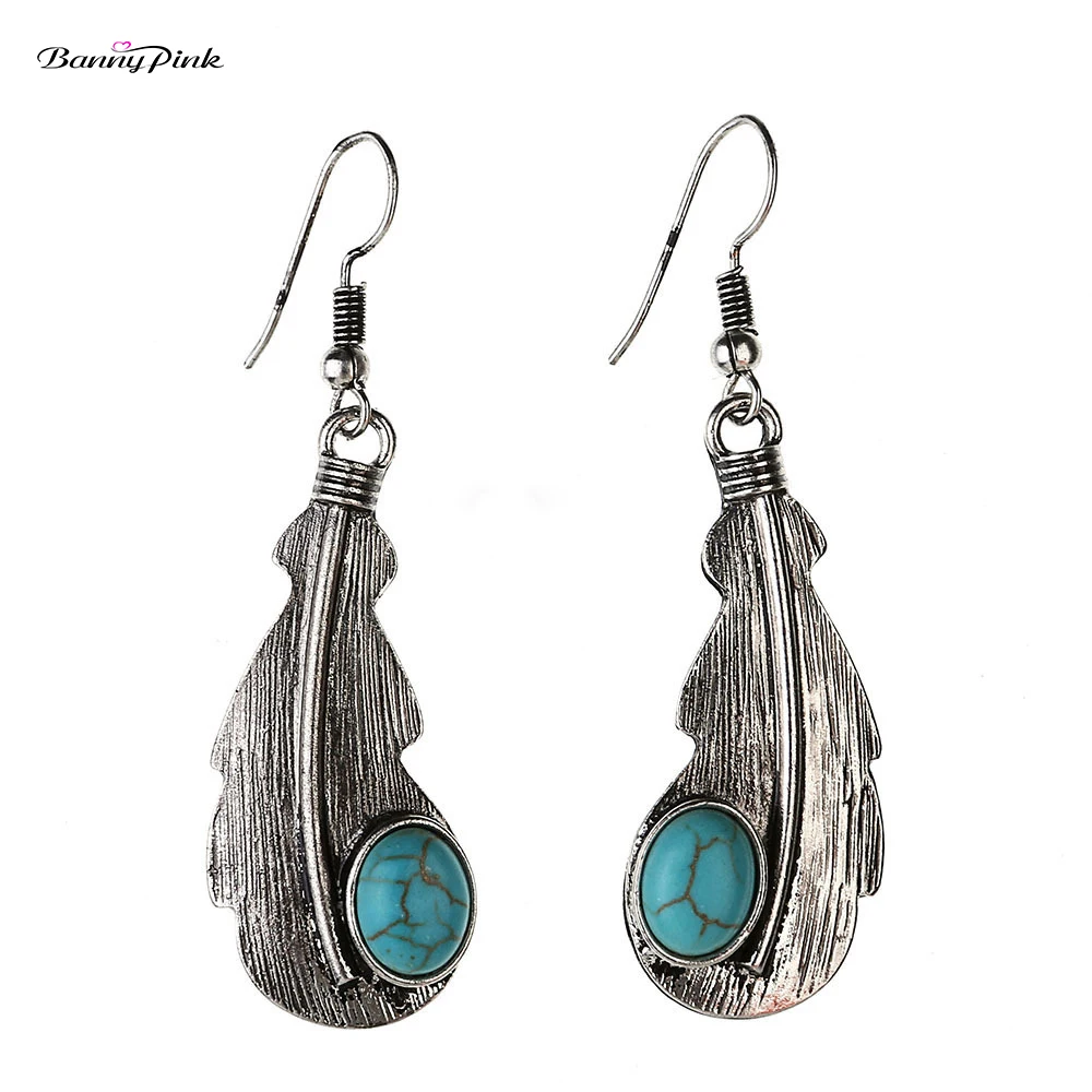 

Banny Pink Vintage Oval Stone Dangle Earrings For Women Ethnic Alloy Leaf Drop Earrings Big Feather Pendant Earrings Pendientes
