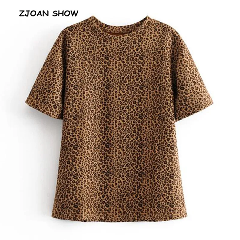 

2019 New Spring Summer Woman Retro Suede Leather Leopard Short sleeve T-Shirt Vintage O neck Casual Tee Femme Tee shirt Tops