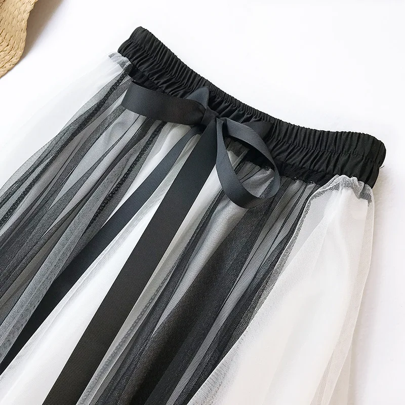 Высокая талия тонкая Лоскутная длинная юбка в пол из тюля плиссированные трапециевидные юбки женские корейский стиль Женская одежда новое поступление