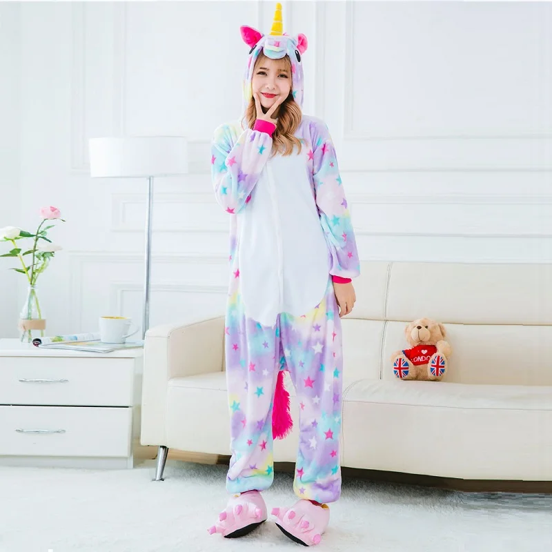 Cute Cartoon Animal Colored Unicorn Pajamas Flannel Hooded Long Sleeve