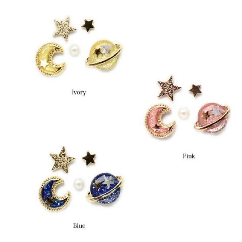 

Japan And South Korea Cute Enamel Pink Yellow Blue Planet Stars Moon Alloy Earrings Ear Clips women Fashion Charm Jewelry Gift