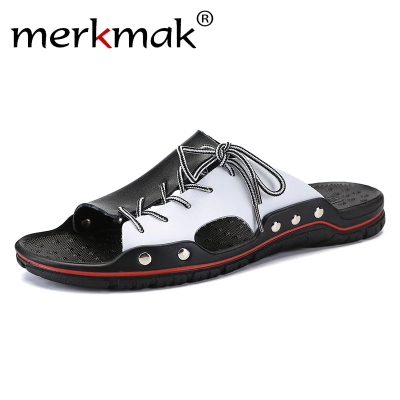 

Merkmak Brand Big Size 48 Soft Comfortable Beach Slippers For Men Casual Cross Tie Design Shoes Vacation Outdoor Slides