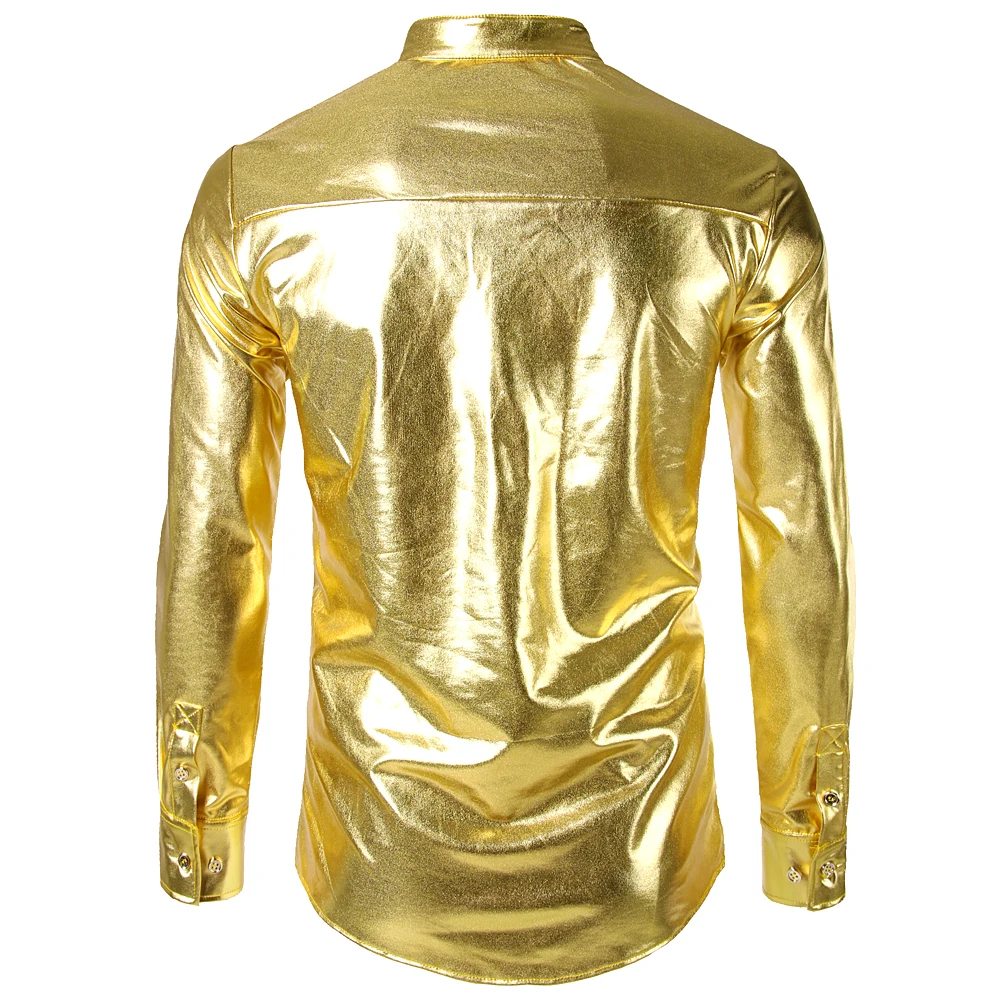 Мужская рубашка со стоячим воротником черного и золотого цвета,, брендовая блестящая металлическая Мужская одежда, рубашки, повседневные облегающие смокинги для ночного клуба, Camisa Masculina