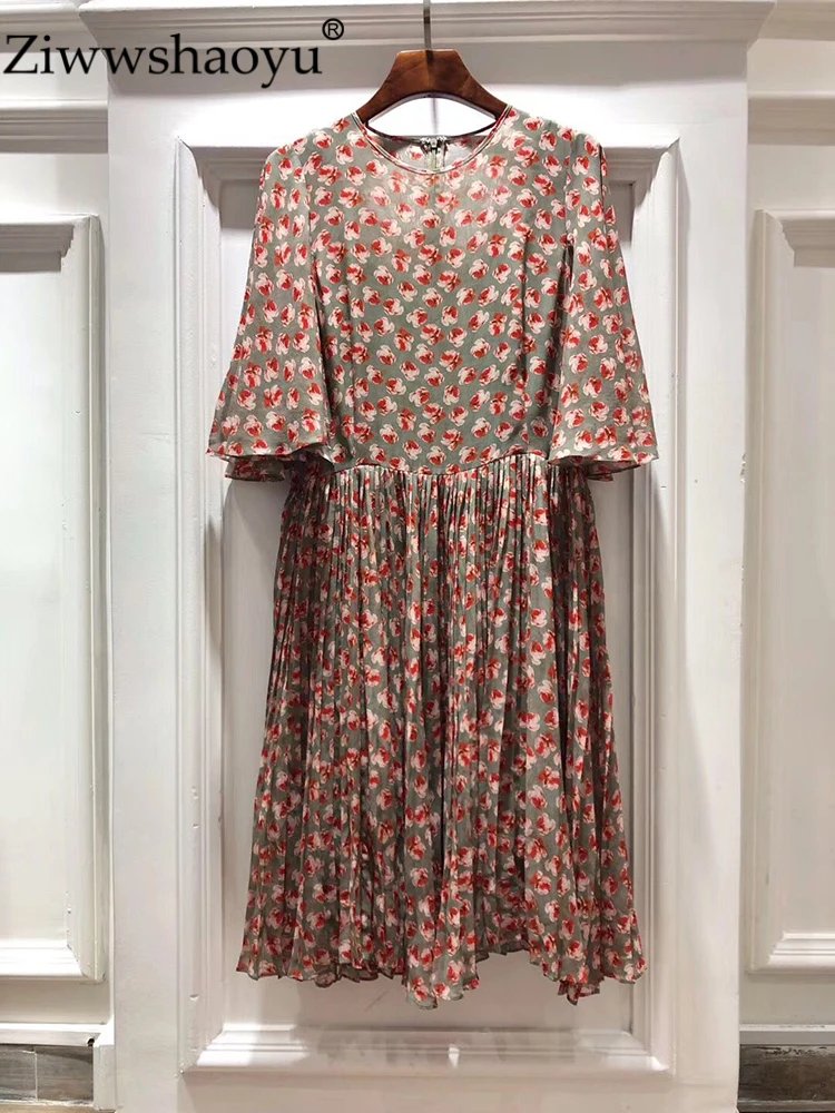 

Ziwwshaoyu Elegant Print Party dresses O-Neck Draped Flare Sleeve temperament Slim dress Summer new women's