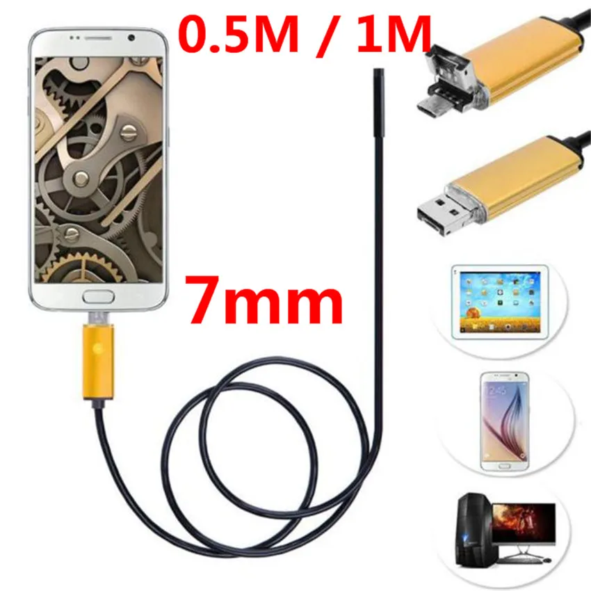 0,5 м/1 м 2 в 1 USB эндоскоп для осмотра 7 мм камера 6 светодиодный HD IP67 Водонепроницаемый для телефона Andorid змеиная камера N1212