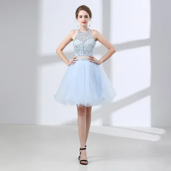 

JaneVini Size 2-10 In Stock Luxurious Beaded Juniors Bridesmaid Dresses Short Tulle Halter 2 Pieces Wedding Party Dress Formal
