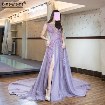 

Lavender Lilac Appliques Elegant High Split Evening Dress Custom Made Chic Illusion Women Formal Maxi Gowns for Celebrity