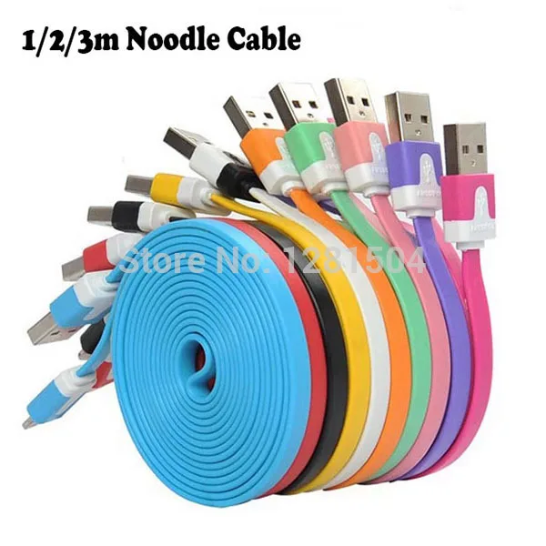 Wholesale 500pcs/lot V8 Noodle 3M 10FT Dual Color Flat Micro USB Cable
