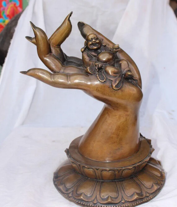 

007026 14" Chinese Bronze Happy Laugh Maitreya Hold Yuanbao On Lotus Buddha Hand Statue