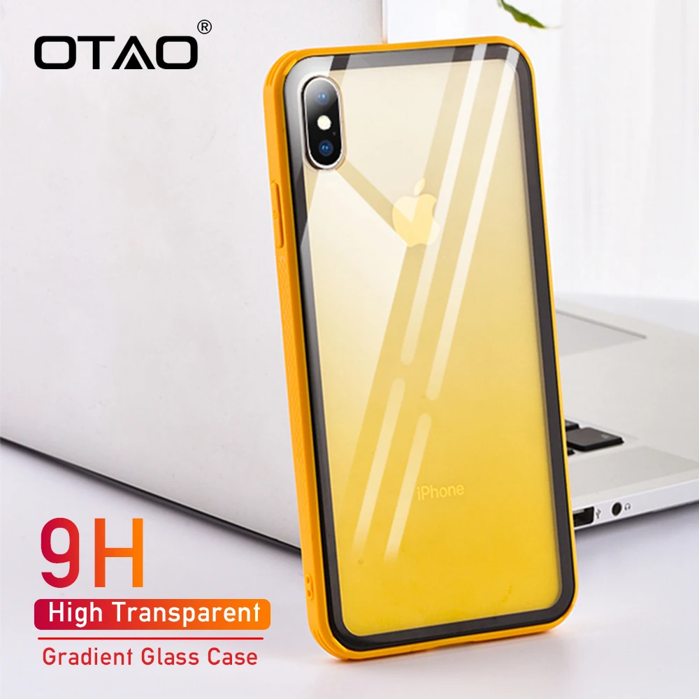 

OTAO Gradient Transparent Case For iPhone XR XS MAX X Tempered Glass Candy Color Back Cover For iPhone 8 7 Plus 6 6S Case Coque