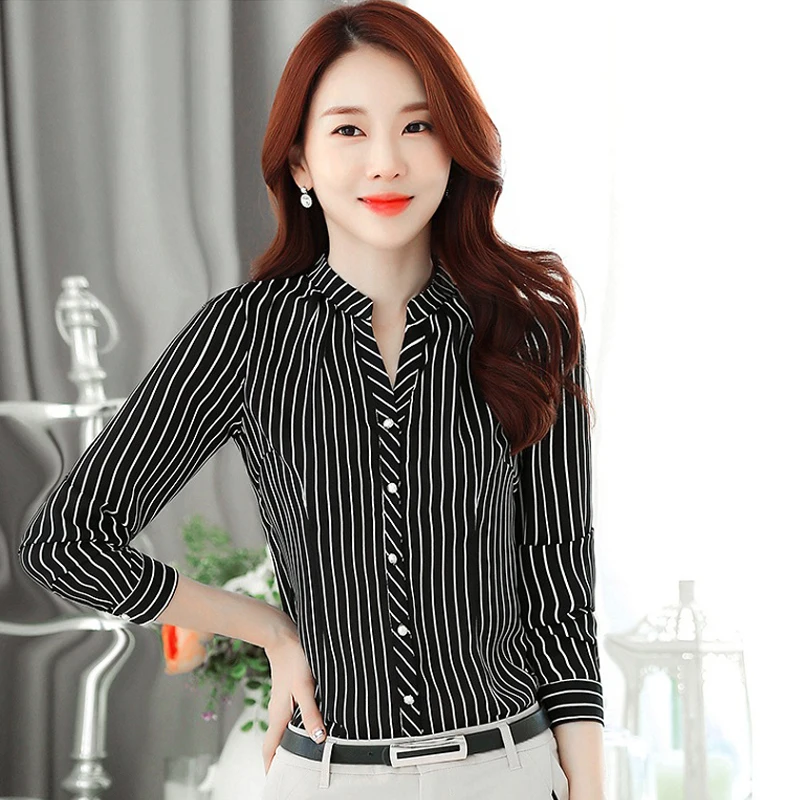 Blusas Mujer De Moda Autumn Chiffon Blouse Korean Vogue Striped Blouse Women Button Stand Long Sleeve Womens Tops And Blouses