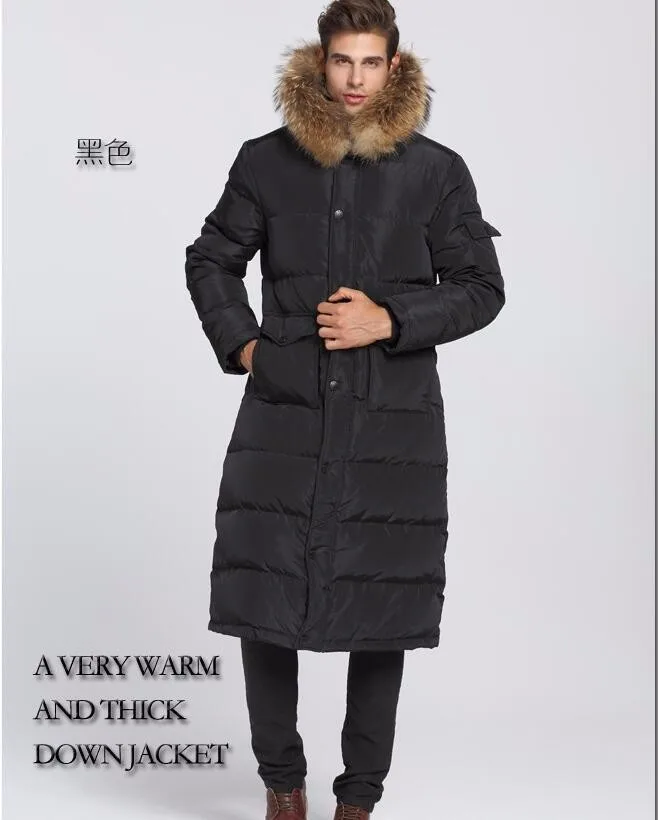 90% белый утиный пух, мужской длинный пуховик-40 градусов, теплое пальто, Воротник из натурального меха, Толстые мужские зимние пальто