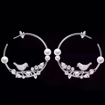 

S925 Sterling Silver Circle Earrings With Forest Birds Singing On The Tree With Natural Freshwater Pearl Earrings Hooks Gifts