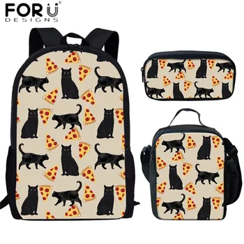 

FORUDESIGNS Black Cat Pizza Print Cartoon School Bags Set Primary Students Functional Shoulder Backpack Kids Satchel Sac Ecolier