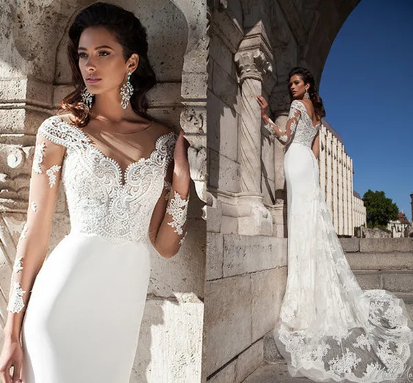 

Mermaid Wedding Dresses 2019 Illusion Long Sleeves Bridal Gowns V-Neck Lace Train vestido de noiva robe de mariee boda Gelinlik