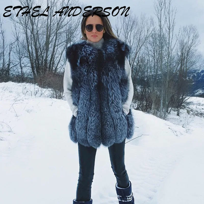Women Real Fur Vest Natural Silver Fluffy Fox Fur Slim Vests 75CM Lady Genuine Leather Fur Gielts Jacket with Invisible Pockets