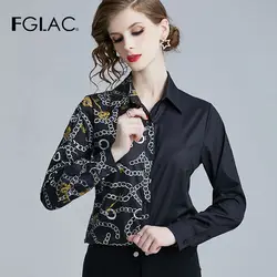 FGLAC для женщин рубашка модная одежда с длинными рукавами в стиле пэчворк черный Элегантная шифоновая блузка тонкий печатных офисные