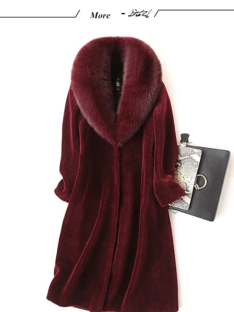Best AYUNSUE Women Winter Sheep Shearling Fur Coat Large Natural Fox Fur Collar Long Warm Real Fur Coats Genuine Wool Jackets 17030 6