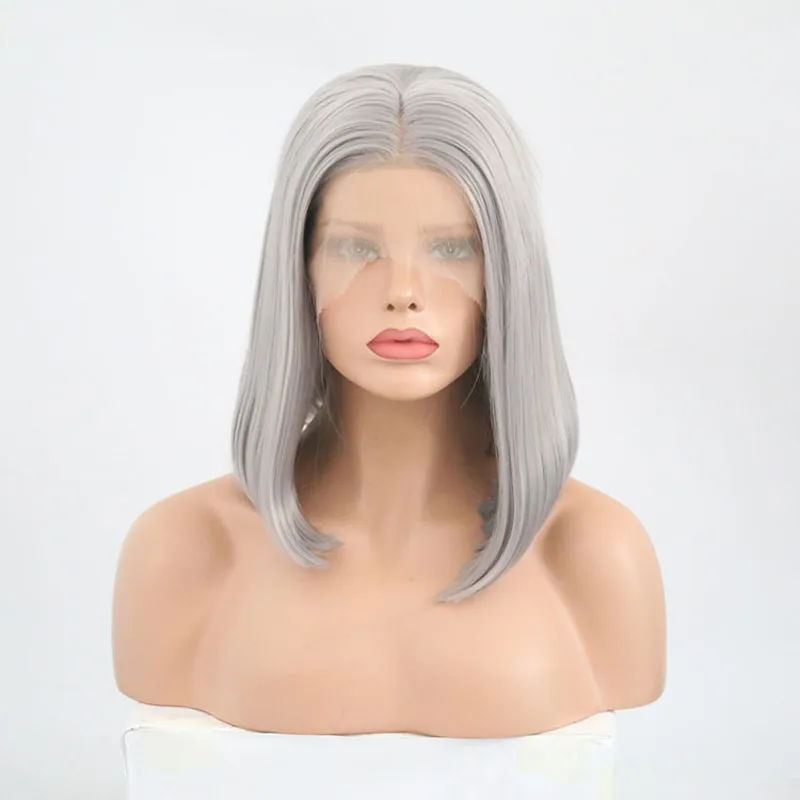 

RONGDUOYI Glueless Grey Lace Front Wigs Short Bob 14Inch Gray Middle Part Synthetic Silver Wig Heat Resistant Fiber for Women