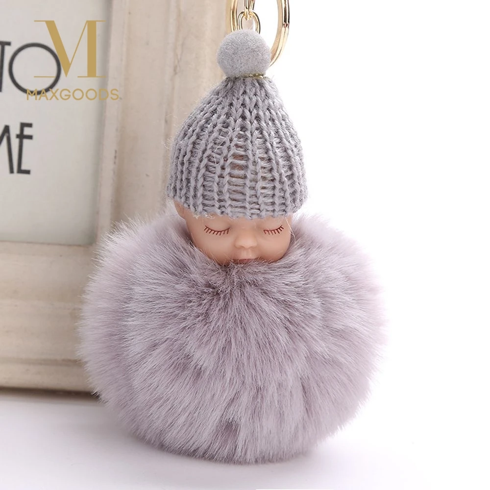 

Cute Fluffy Pompom Sleeping Baby Key Chain Faux Rabbit Fur Pom pon Knitted Hat Baby Doll Keychain Car Keyring Toy New Year Gifts