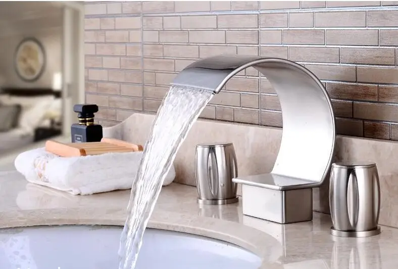 

Free ship brushed nickel Bathroom solid Brass Dual Handles Waterfall Sink Faucet Widespread Mixer Tap