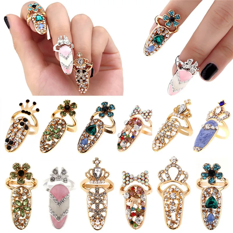 Кольцо для ногтей с бантом, Очаровательная Корона, цветок, Кристальные кольца для ногтей для женщин, дамские стразы, защитные модные ювелирные изделия для ногтей
