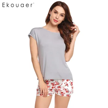 

Ekouaer Print Floral Two Pieces Pajamas Set Summer Short Sleeve T-Shirt Lounge Sleepwear Women O-Neck Casual Loose Nightwear