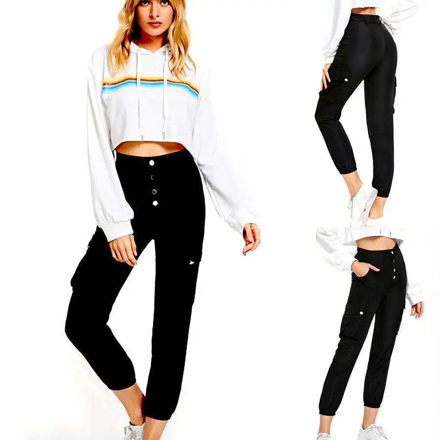 2019 Spring New New Women Casual Cargo Pants High Waist Trousers Jogging Black Sport Trousers