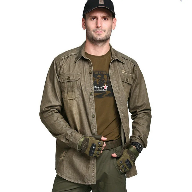 New Military Men's Shirts Long Sleeve Designer Fashion Army Green 100
