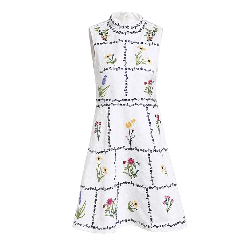 

Women Dresses 2019 Summer Fashion Jacquard Sleeveless Tank dress Elegant Embroidery O-neck A-line dress vestidos de verano