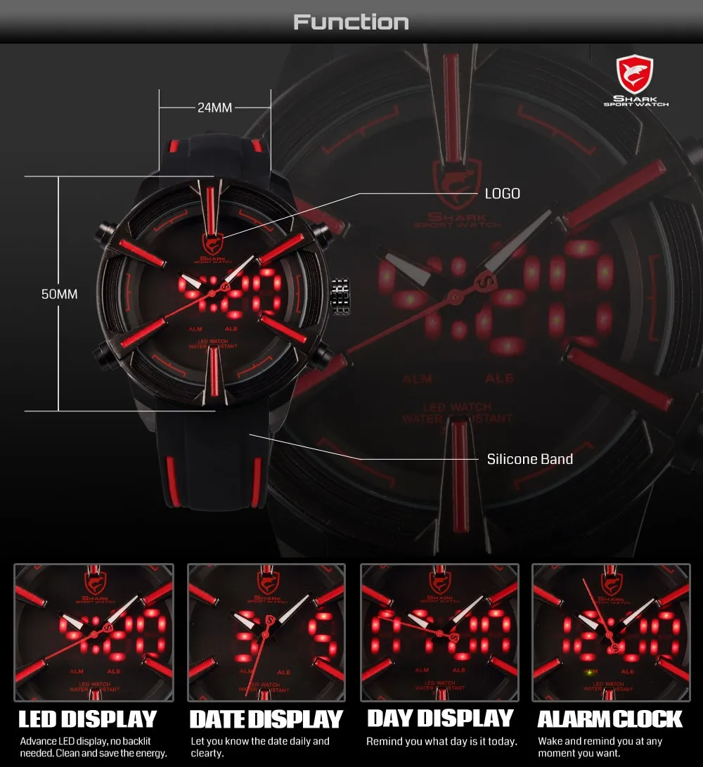 Спортивные часы Dogfish SHARK,, цифровой Красный светодиодный Календарь, Будильник, военная мужская мода, силиконовый ремешок, наручные часы, подарок/SH384