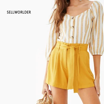 

2019 Casual OL Lady's Office Women's Fashion Solid New Summer 100% Cotton Breaf Waist shorts