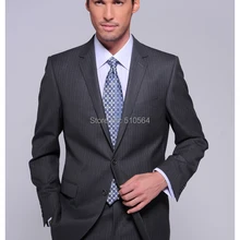 Высокого качества камвольная шерсть серый полосатый мужской костюм на заказ Свадебный деловой костюм(куртка+ брюки