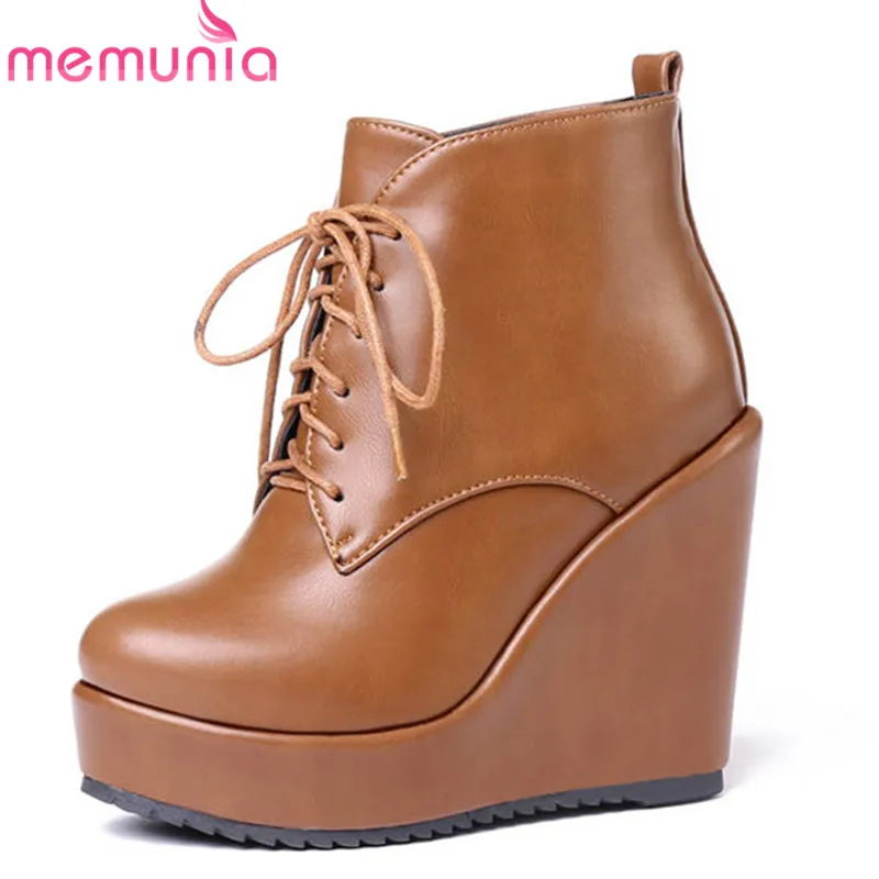 

MEMUNIA 2018 large size 34-43 round toe ankle boots for women lace up platform boots fashion autumn winter boots wedges shoes