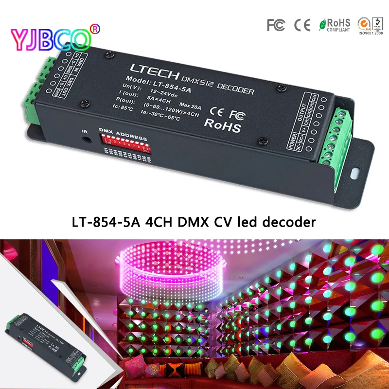 

LTECH led controller LT-854-5A 4CH DMX-PWM CV led decoder;DC12-24V input 5A*4CH output for led lamp