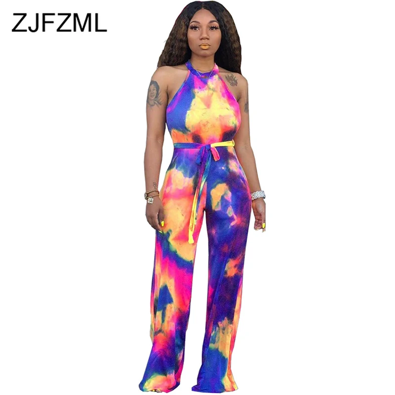 الملونة التعادل صبغ رومبير المرأة بذلة قبالة الكتف أكمام واسعة الساق ارتداءها الصيف س الرقبة عالية الخصر كامل طول رومبير