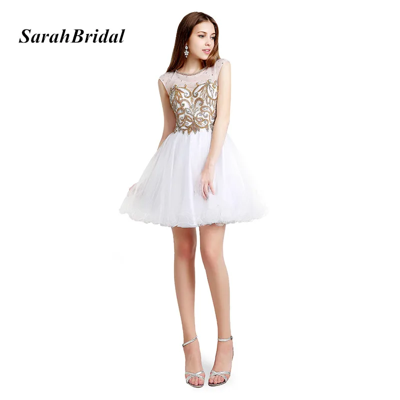 

Real Pictures Elegant Short White Knee Length Cocktail Dresses With Golden Lace Appliques Crystals curto AJ024