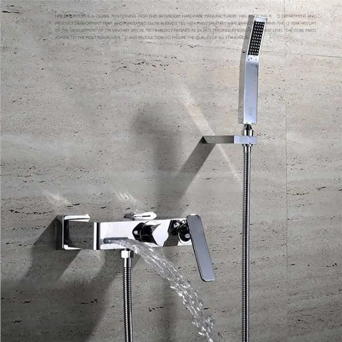 Waterfall Spout Wall Mounted Tub Faucet for Bathroom Modern Single Handle Wall Bathtub Filler with Hand Shower, Solid Brass - Цвет: F