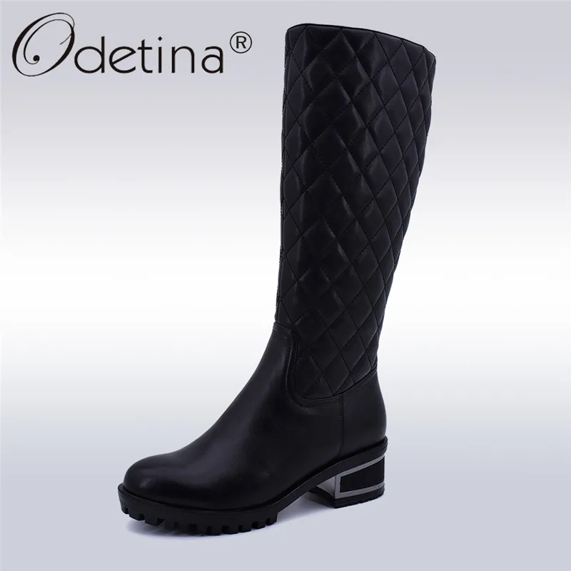 

Odetina New Fashion Genuine Leather Lady Riding Boots Women Chunky Heels Side Zipper Plaid Mid Calf Boots Warm Wool Winter Shoes