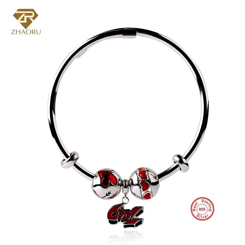 

Zhaoru Authentique 925 Sterling Silver Bangles Swarovski crystal Bangles Red Enamel Bracelet for Women Fashion Jewelry Gift