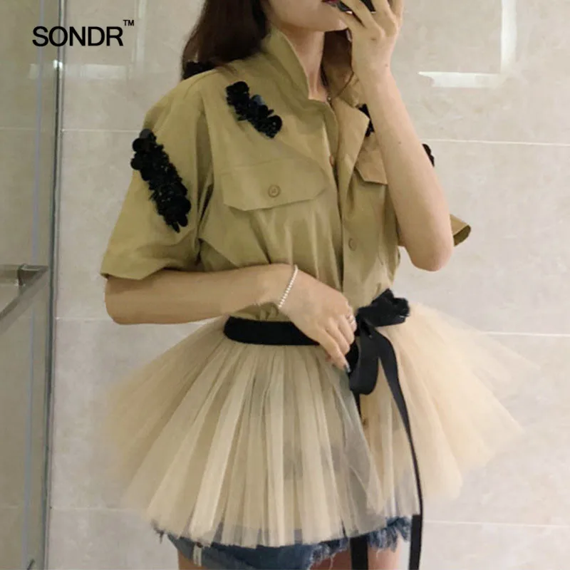 

SONDR Embroidery Print Blouse Women Lapel Half Sleeve Tunic Mesh Lace Up Patchwork Female Shirt 2019 Spring Casual