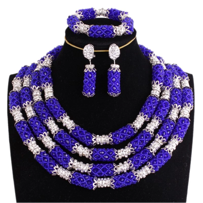 African Jewelry Set Christmas Royal blue & Silver Nigerian Wedding bead