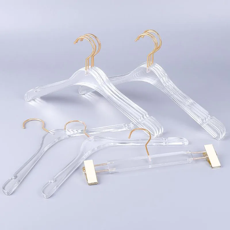 10 Pcs Top Grade Clear Acrylic Crystal Clothes Suits Hanger with Gold Hook, Transparent Acrylic Pants Hangers with Gold Clips