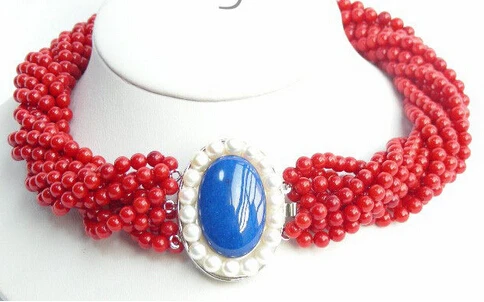 

W&O655 >AAA 10Stds 100% natural red coral necklace lapis lazuli ll