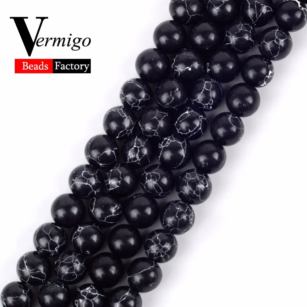 4, 6, 8, 10, 12 мм, черные бирюзовые бусины из треснутых минералов, камни для самостоятельного изготовления ювелирных изделий, браслет, ожерелье, 1" прядь