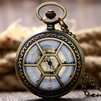 

Exquisite Bronze Skeleton Design Men Women Quartz Pocket Watch Hexagonal Case Design With Necklace Chain Relogio De Bolso