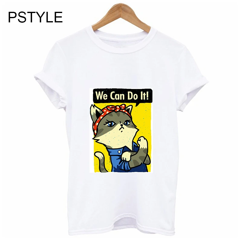 

PSTYLE Cartoon tshirt Women We Can Do It Slogan T Shirt Harajuku T-Shirt Femme Casual Brand Tops Tee 2018 Summer T Shirts